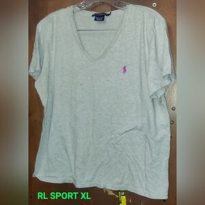 Ralph Lauren Sport V- Neck T-Shirt Womens XL Heather Gray Pink Pony Short Sleeve